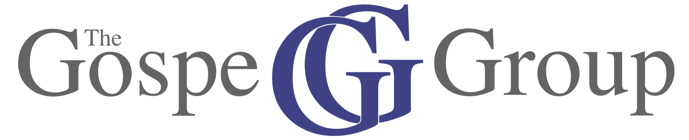 A logo reads "the Gospe Group". The text of the logo is shown in grey. The word "the" is nested in between the "G" and the "O" of "Gospe". Breaking up the words "Gospe" and "Group" are two interlocking letter "G"s shown in purple.